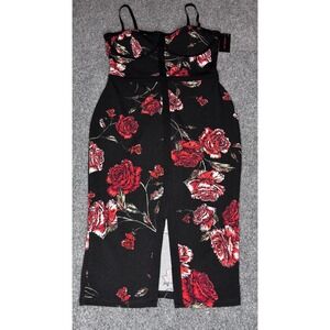 Material Girl Bodycon Midi Dress‎ Black Red Rose Floral Bustier Slit NEW